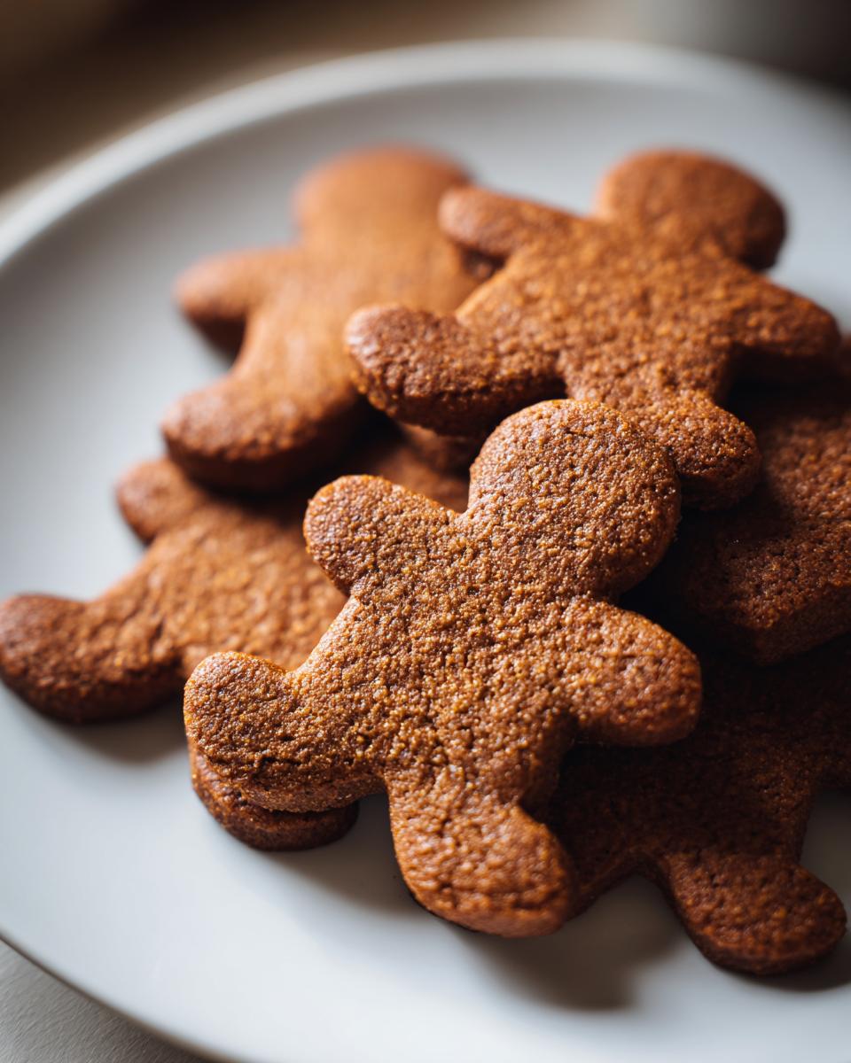 A close-up stack of soft, richly spiced gingerbread cookies shaped like little people on a light gray plate.
