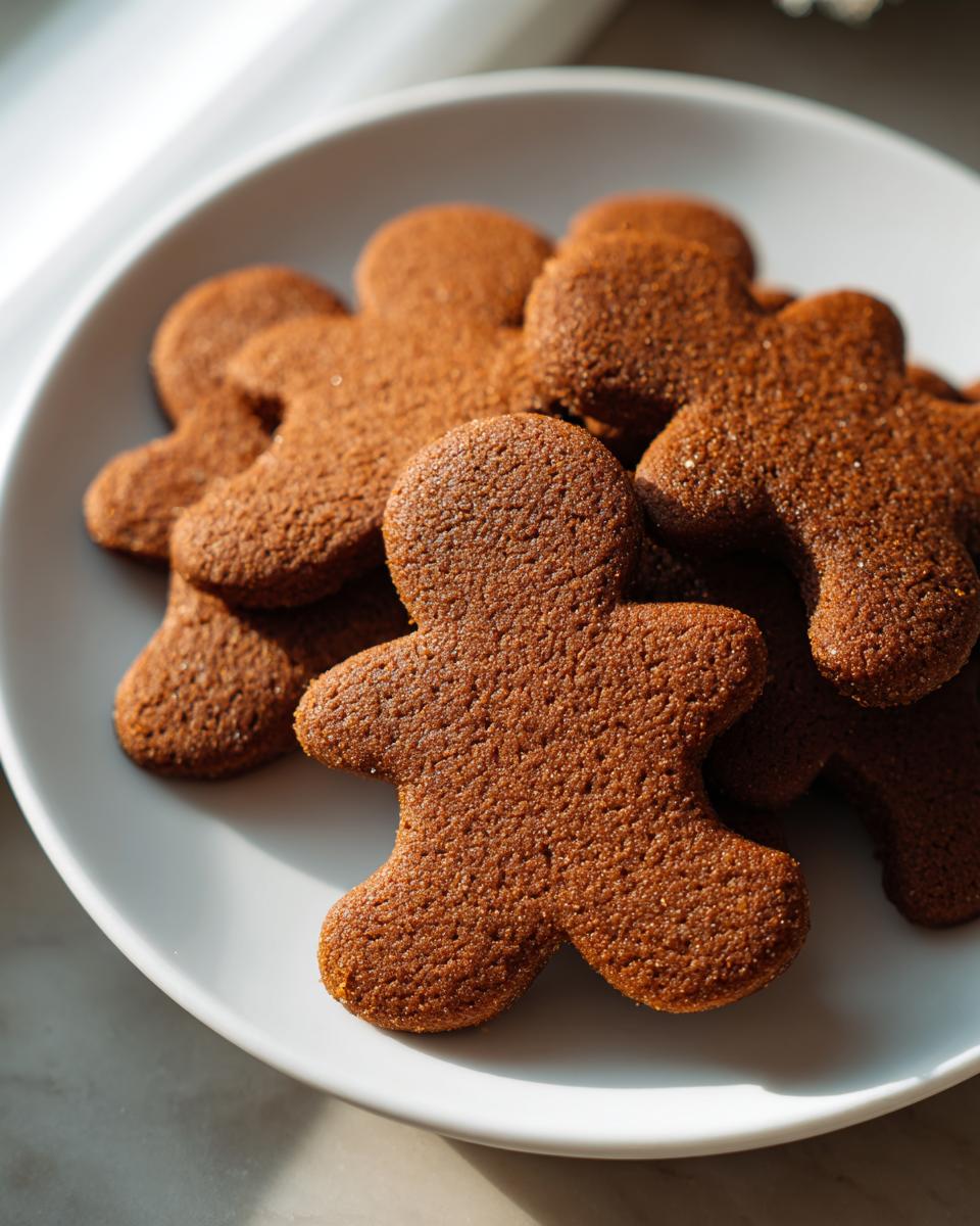 Close-up of several soft gingerbread cookies shaped like people piled on a white plate.