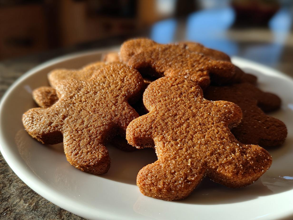 Close-up of several soft gingerbread cookies shaped like people stacked on a white plate.