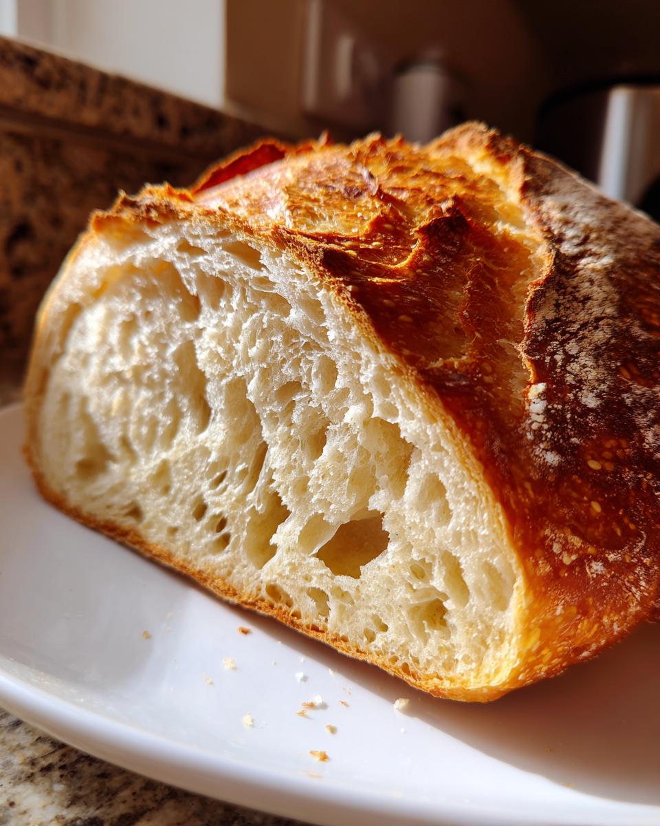 Close-up of a slice showing the open, airy crumb structure of homemade sourdough bread.
