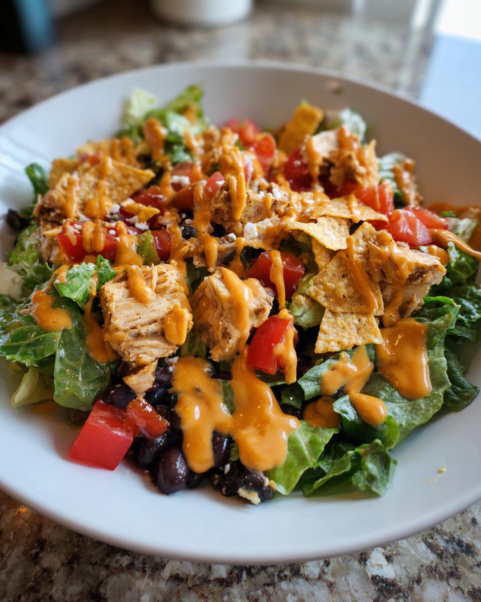 A vibrant bowl of southwest salad featuring lettuce, chicken, black beans, tomatoes, and tortilla chips drizzled with orange dressing.