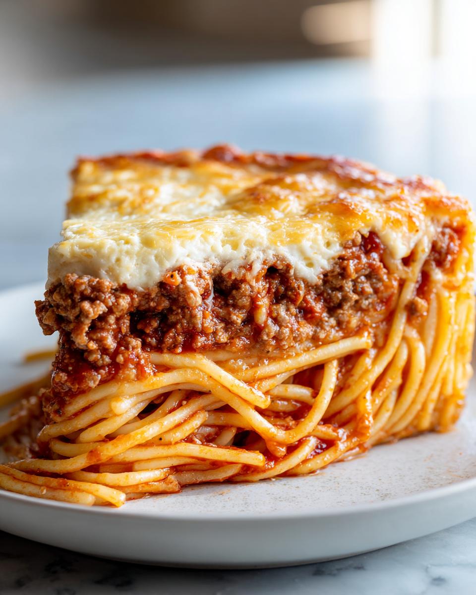 A tall, thick slice of spaghetti pie showing layers of spaghetti, rich meat sauce, and a baked cheesy topping.