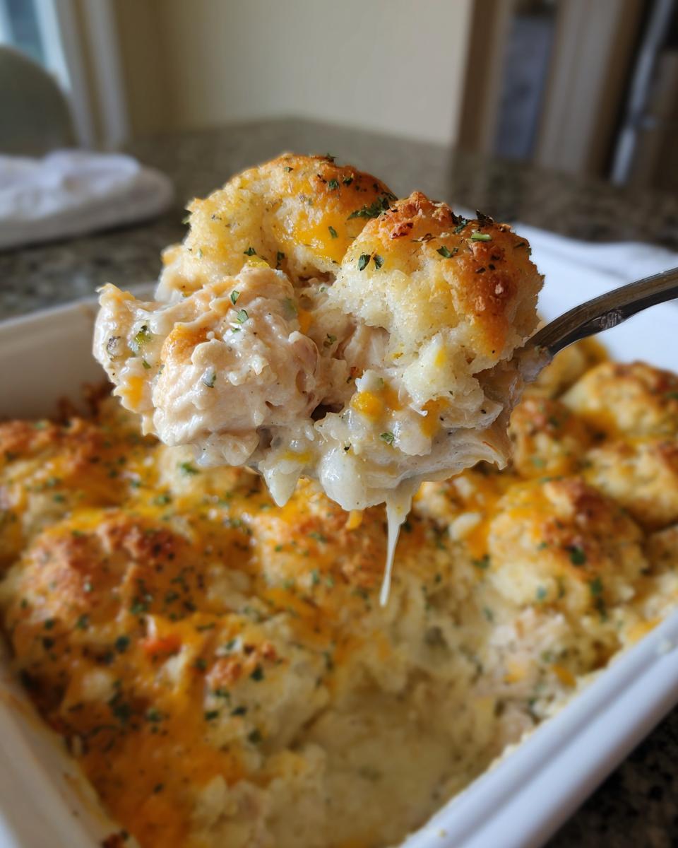 A spoonful of creamy chicken cobbler lifted from a white baking dish, topped with melted cheddar.