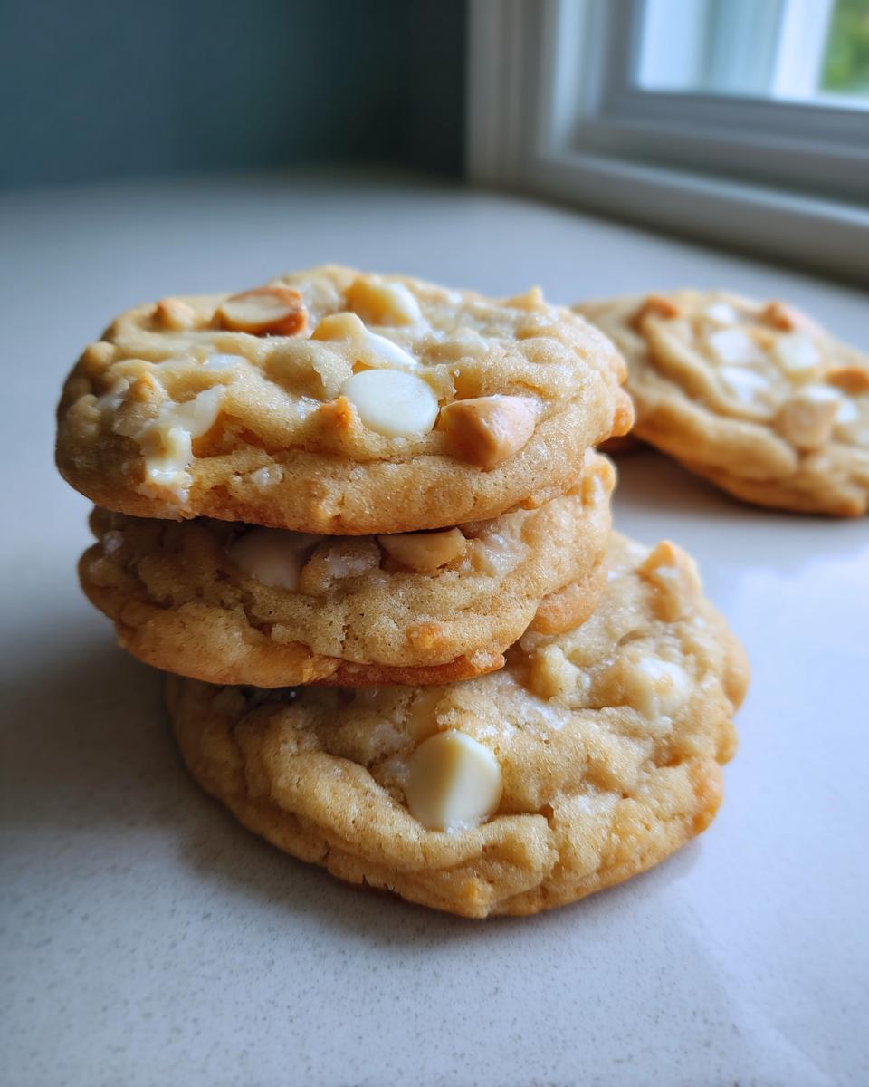A close-up stack of three soft, chewy white chocolate macadamia nut cookies on a light countertop.