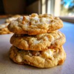 A stack of three golden brown white chocolate macadamia nut cookies with visible white chocolate chunks.