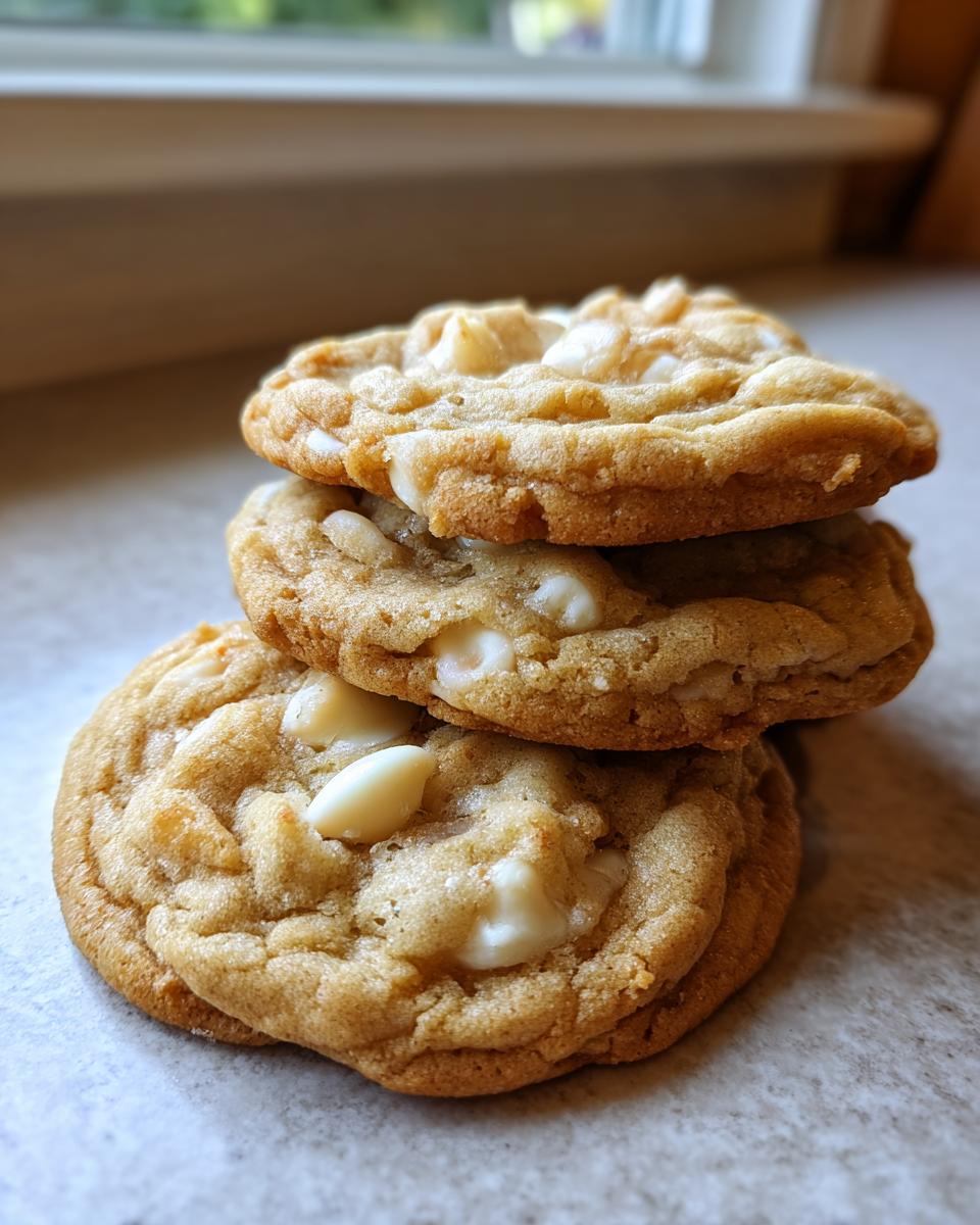 A vertical stack of three golden brown white chocolate macadamia nut cookies sitting on a countertop.