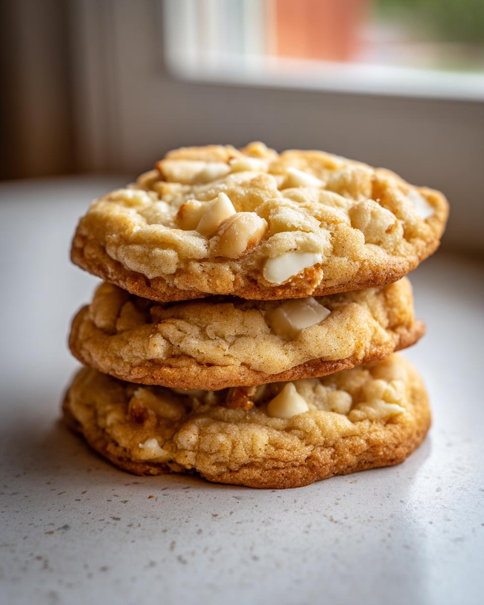 A stack of three freshly baked white chocolate macadamia nut cookies resting on a light countertop.