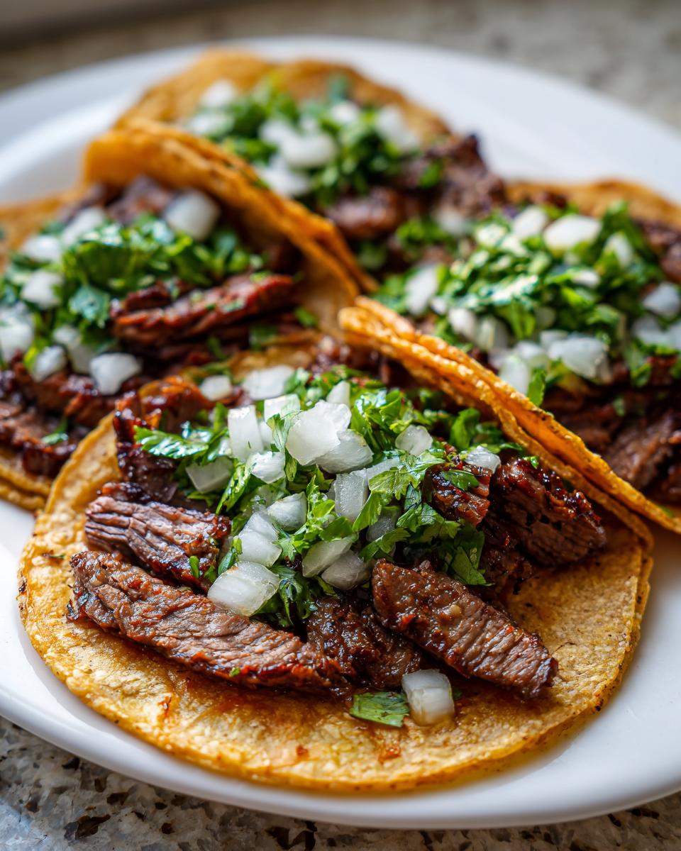 Close-up view of three delicious steak tacos topped with diced white onion and fresh cilantro on a white plate.