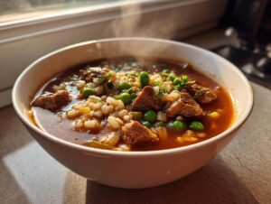 A steaming white bowl filled with rich, dark broth, chunks of beef, barley, and bright green peas, representing amazing beef barley soup.