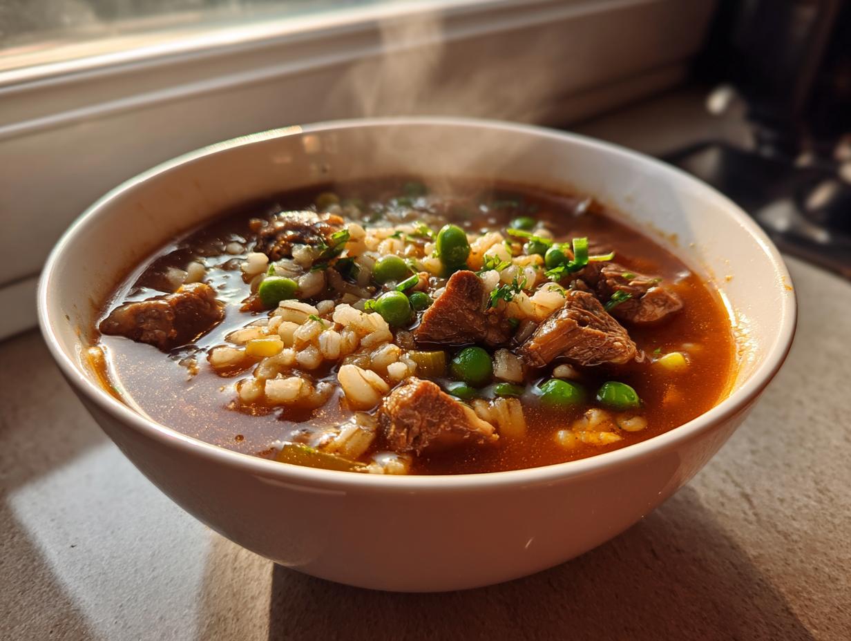 A steaming white bowl filled with rich, dark broth, chunks of beef, barley, and bright green peas, representing amazing beef barley soup.