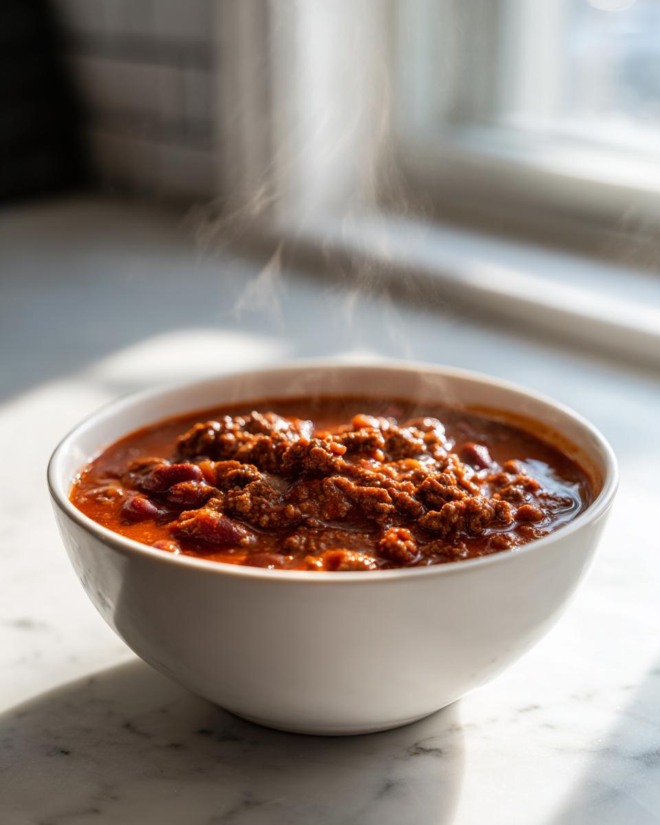 Close-up of a steaming white bowl filled with rich, hearty chili recipe featuring ground meat and beans.