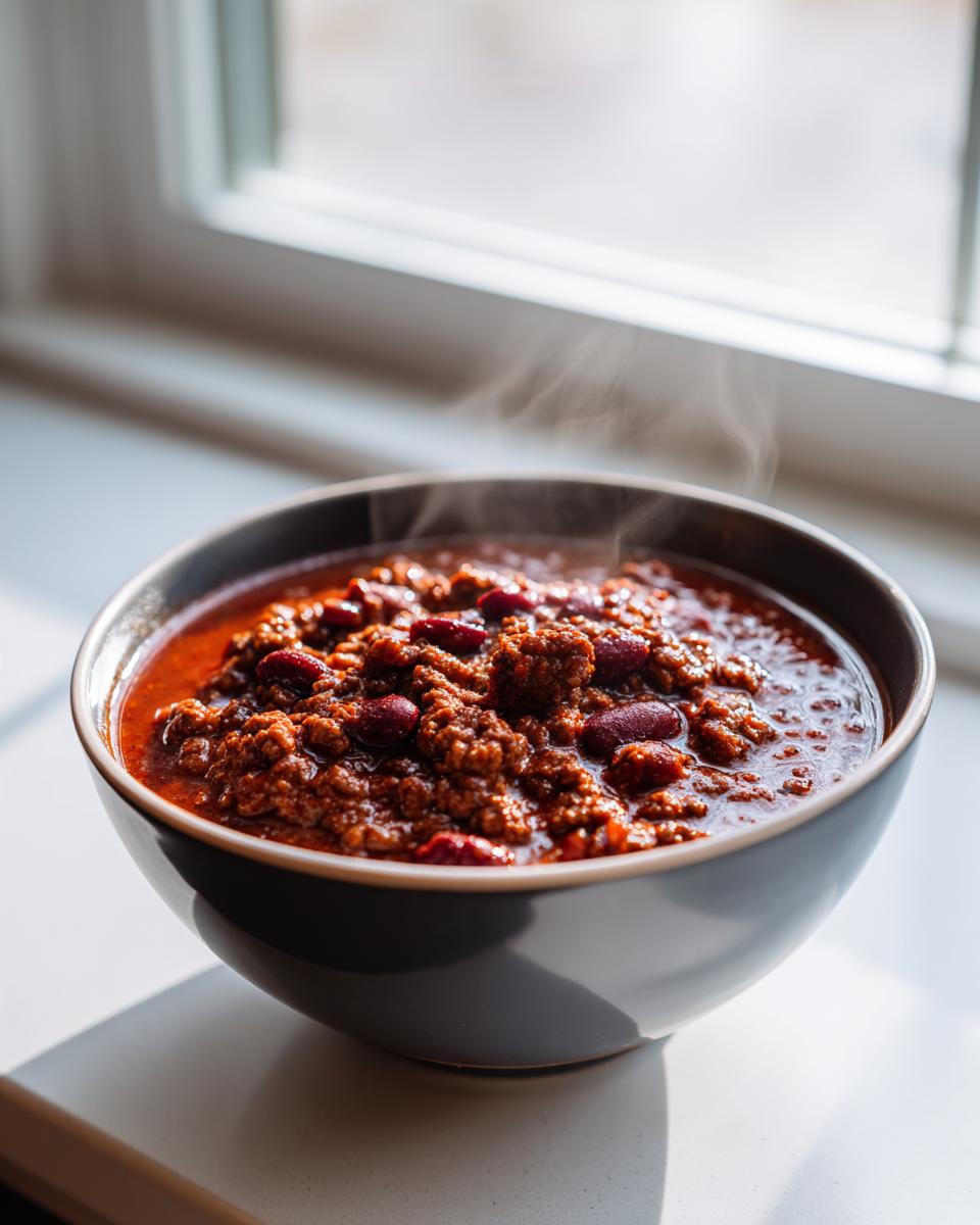 Close-up of a steaming bowl of rich, meaty chili recipe with visible kidney beans.