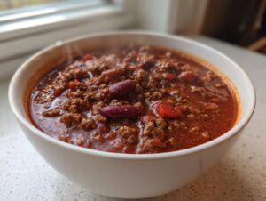 A close-up of a steaming white bowl filled with rich, hearty chili recipe featuring ground beef and kidney beans.