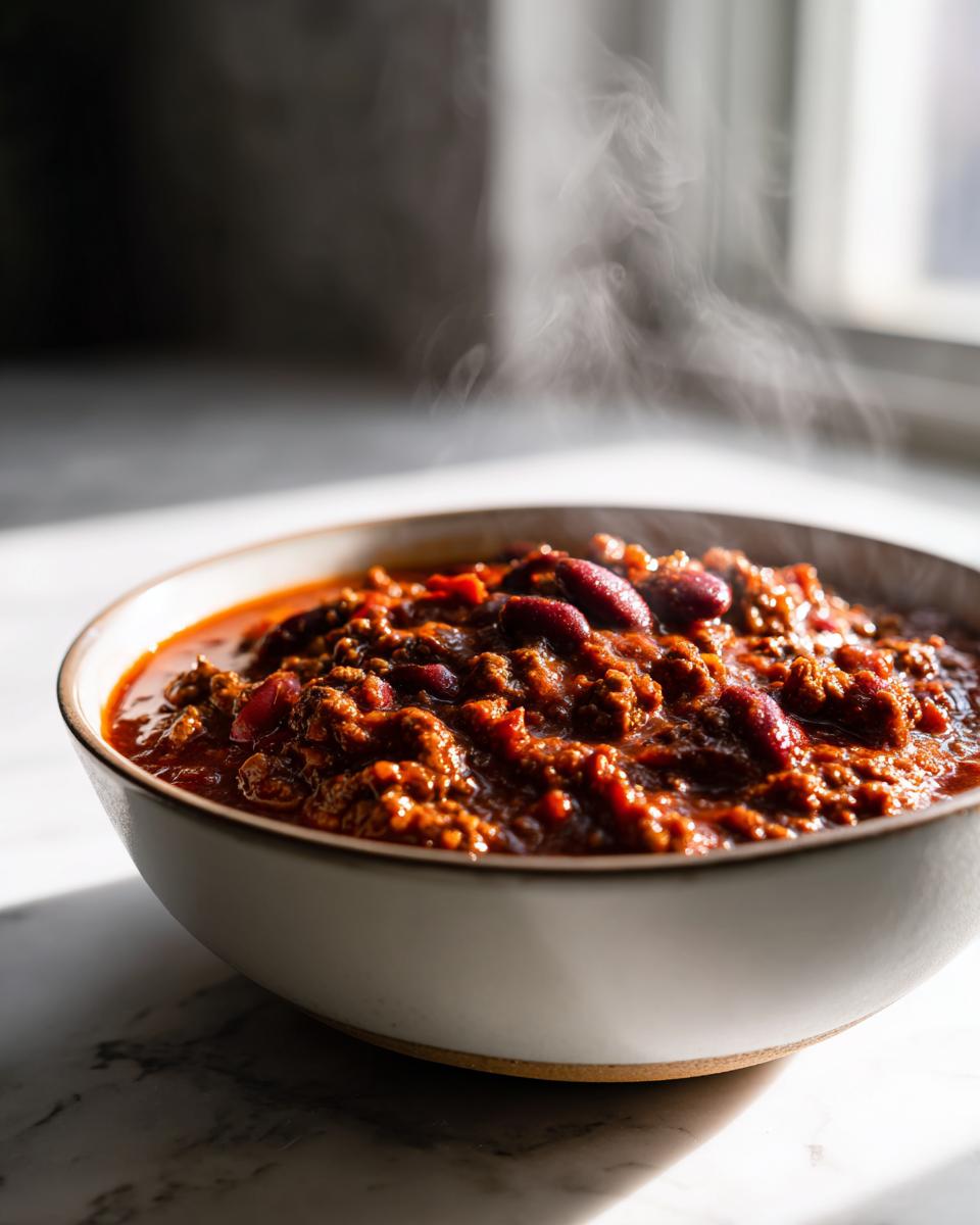 A close-up of a steaming bowl of rich, meaty chili recipe with visible kidney beans.
