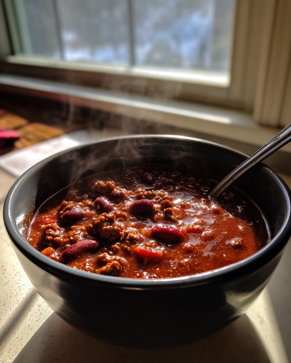 A dark bowl filled with steaming, rich chili recipe featuring ground meat and kidney beans, set near a window.