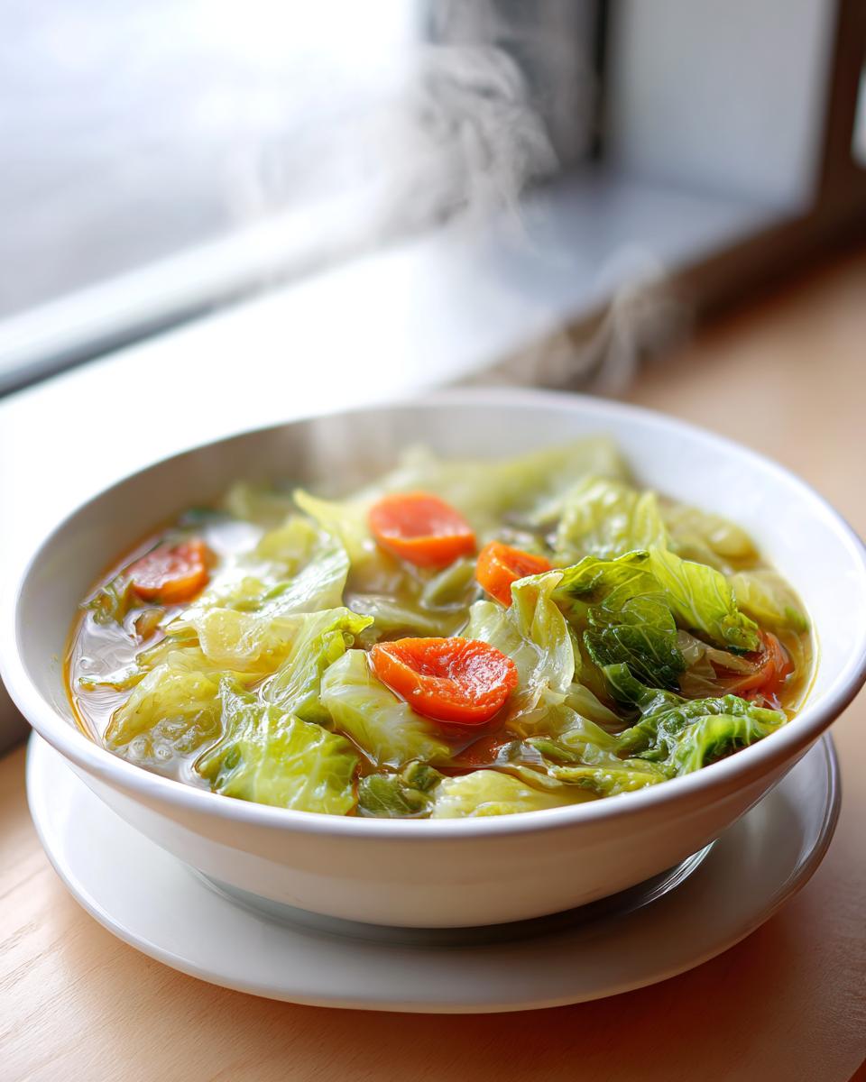 A steaming white bowl filled with vibrant cabbage soup, featuring large pieces of green cabbage and bright orange carrot slices.