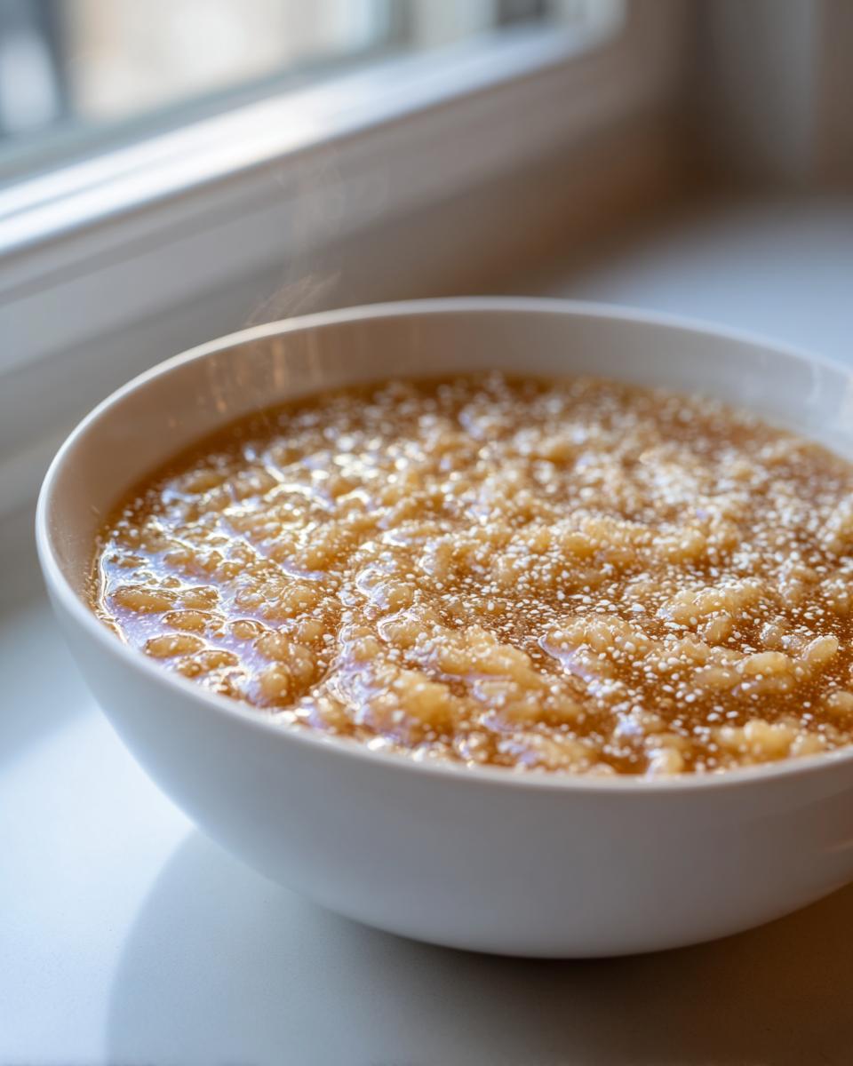 Close-up of a steaming white bowl filled with amazing pastina soup, sitting near a bright window.