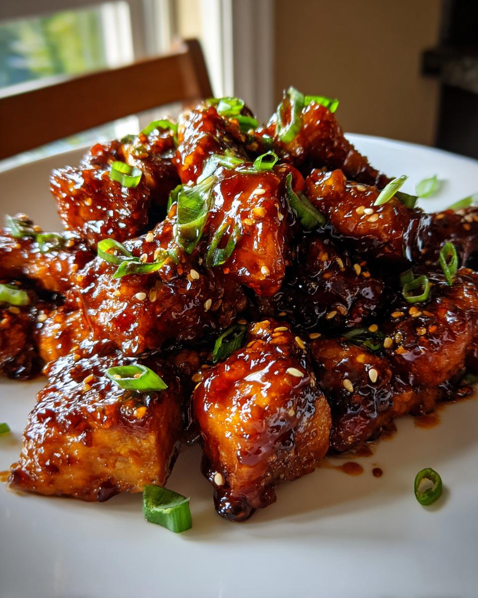 Close-up of sticky, glazed honey garlic chicken pieces topped with sesame seeds and sliced green onions.