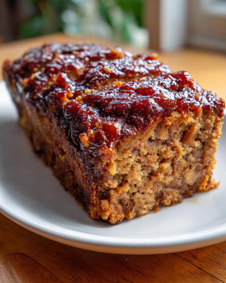 A close-up of a freshly baked stove top stuffing meatloaf loaf with a shiny, dark glaze on top, resting on a white plate.
