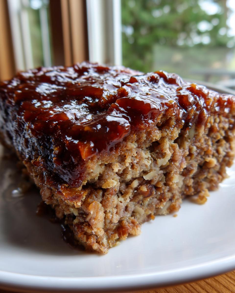 Close-up of a moist slice of stove top stuffing meatloaf topped with a thick, shiny brown glaze.