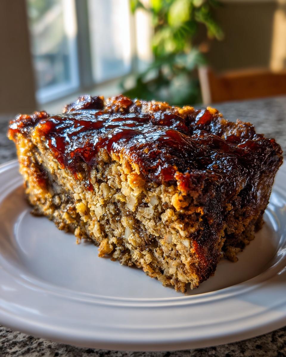 A thick slice of stove top stuffing meatloaf topped with a dark, shiny glaze, served on a white plate.