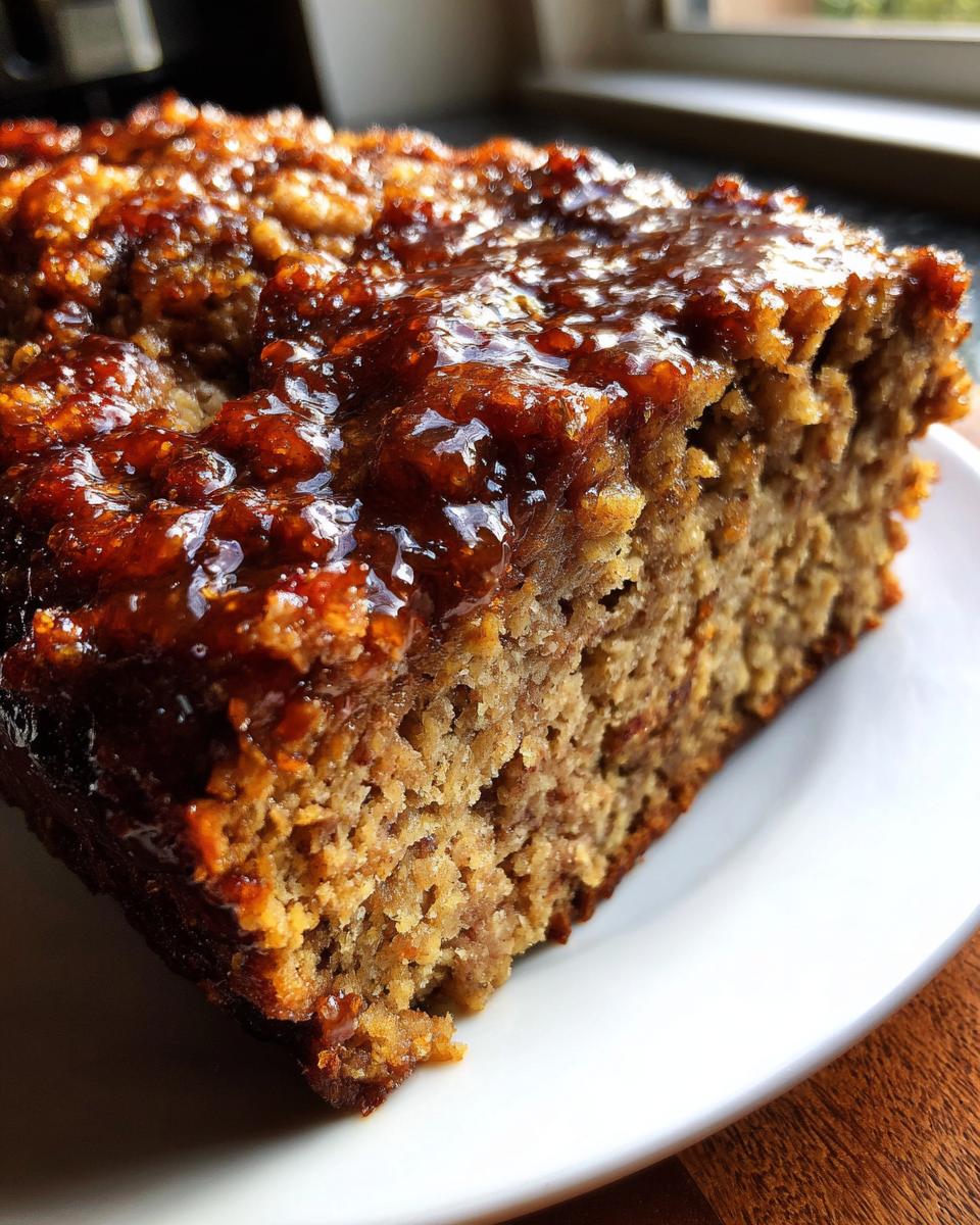 Close-up of a slice of savory stove top stuffing meatloaf with a shiny, dark glaze.