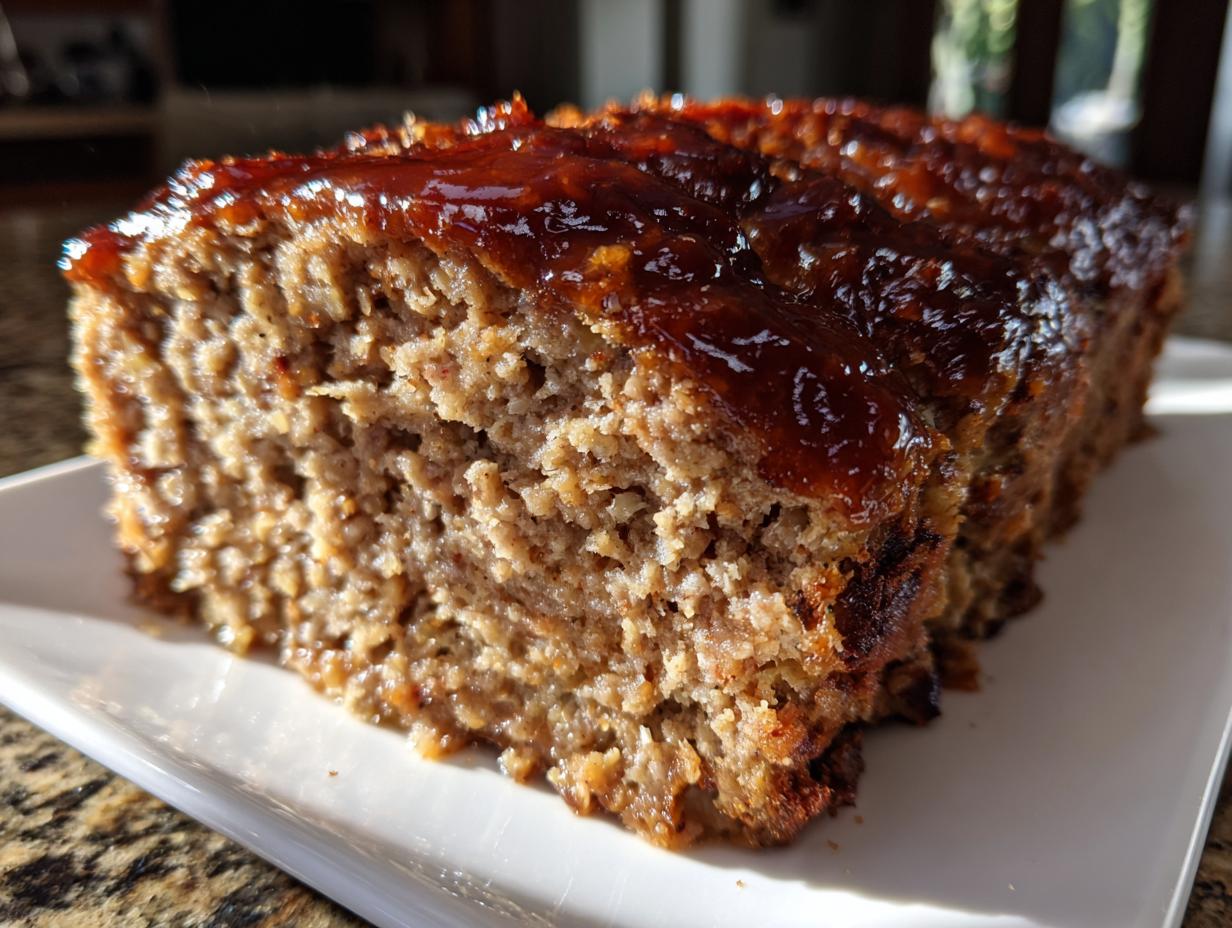 Close-up of a thick slice of stove top stuffing meatloaf showing its moist texture and shiny brown glaze.