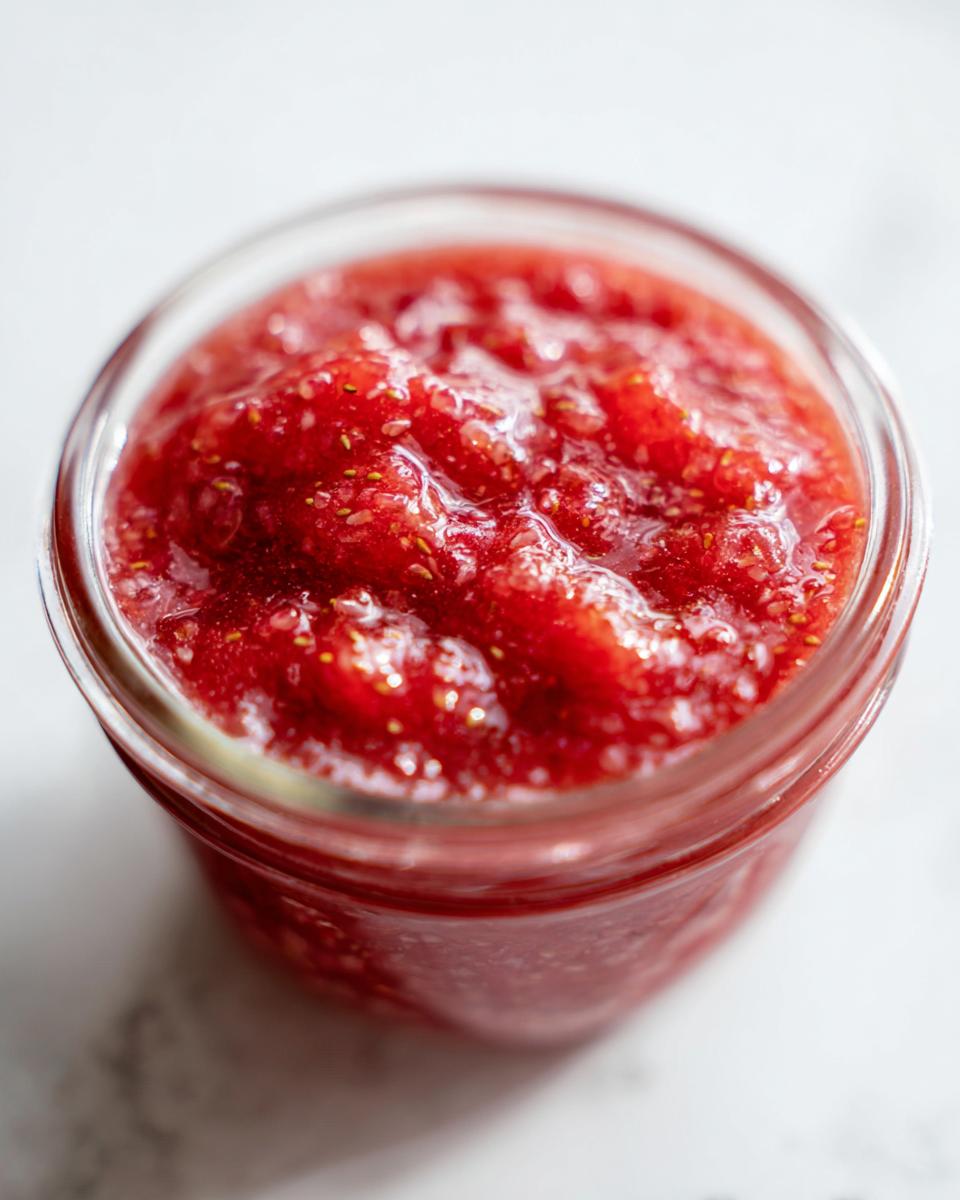 Close-up, top-down view of bright red strawberry freezer jam packed into a small glass jar.