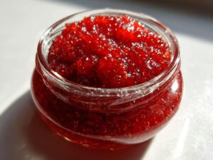 Close-up of a small glass jar filled with vibrant, glistening strawberry freezer jam, showing visible seeds.