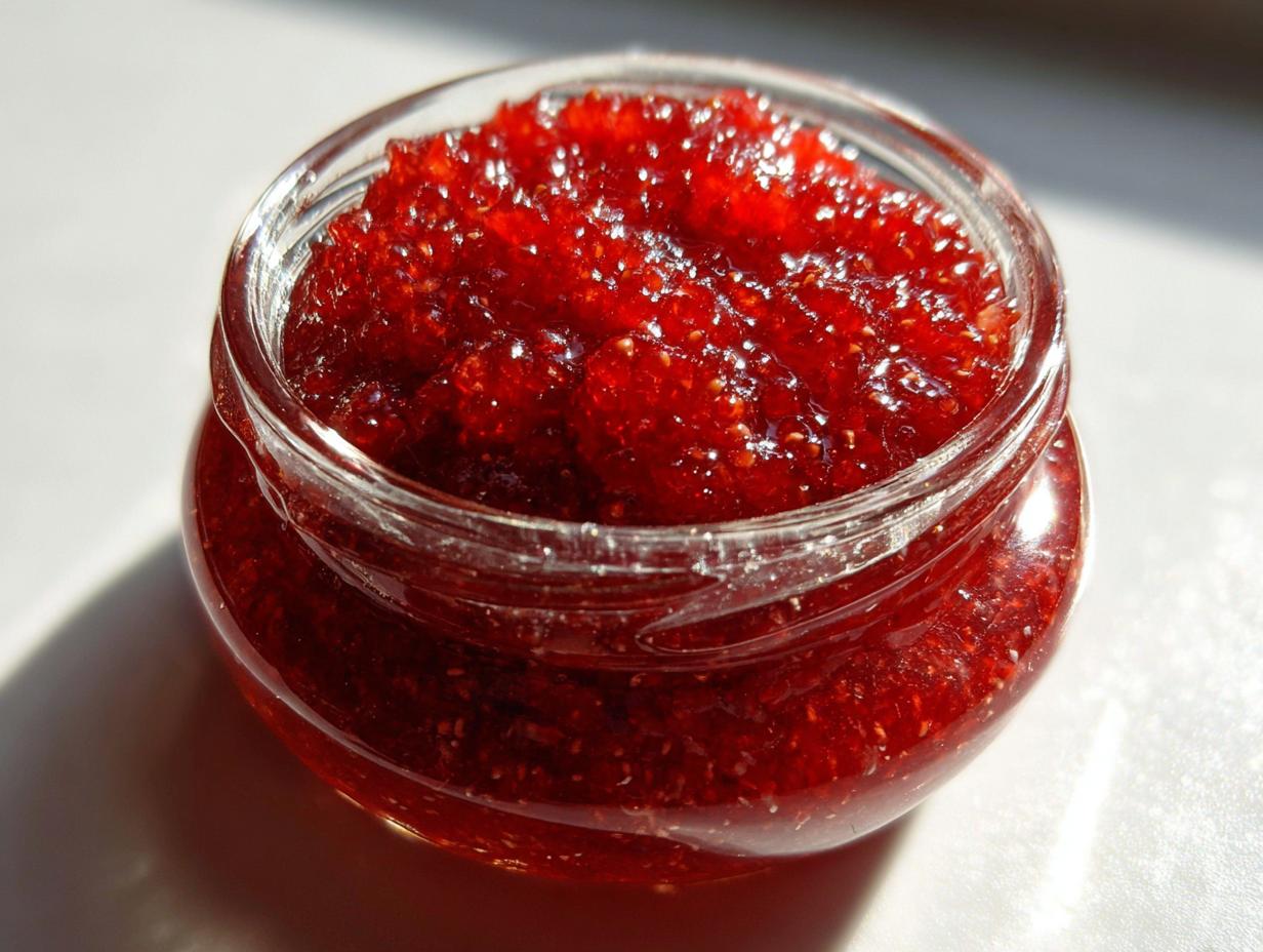 Close-up of a small glass jar filled with vibrant, glistening strawberry freezer jam, showing visible seeds.