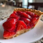 A close-up of a glistening slice of strawberry pie, showing whole strawberries covered in a shiny red glaze.