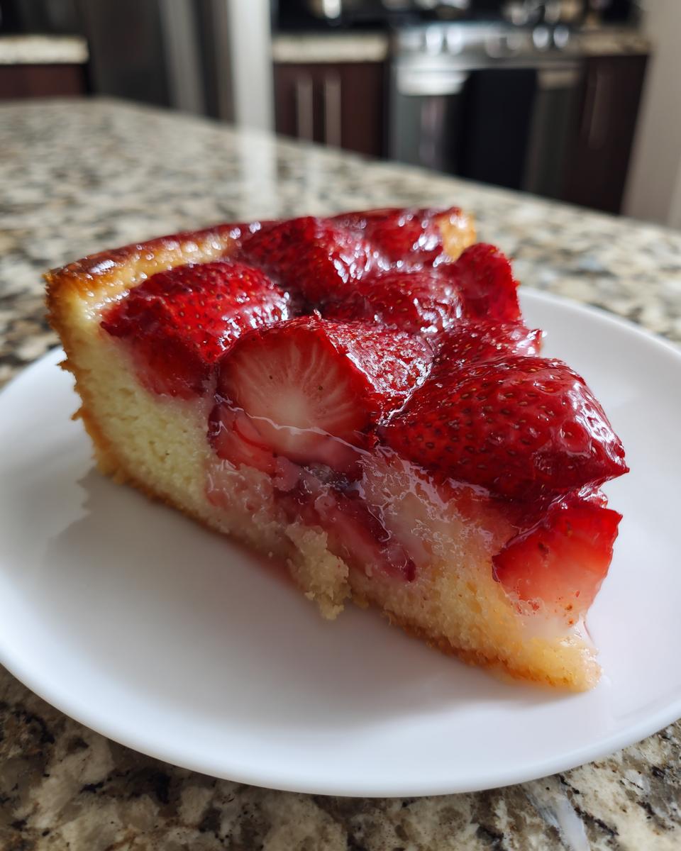 A close-up of a thick slice of strawberry pie with a shiny glaze resting on a white plate.