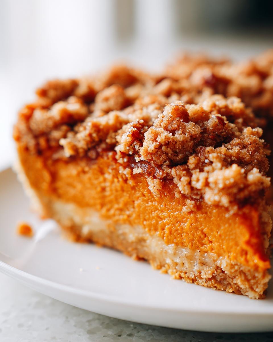 A close-up slice of bright orange sweet potato casserole topped with a thick, sugary brown sugar crumble topping.