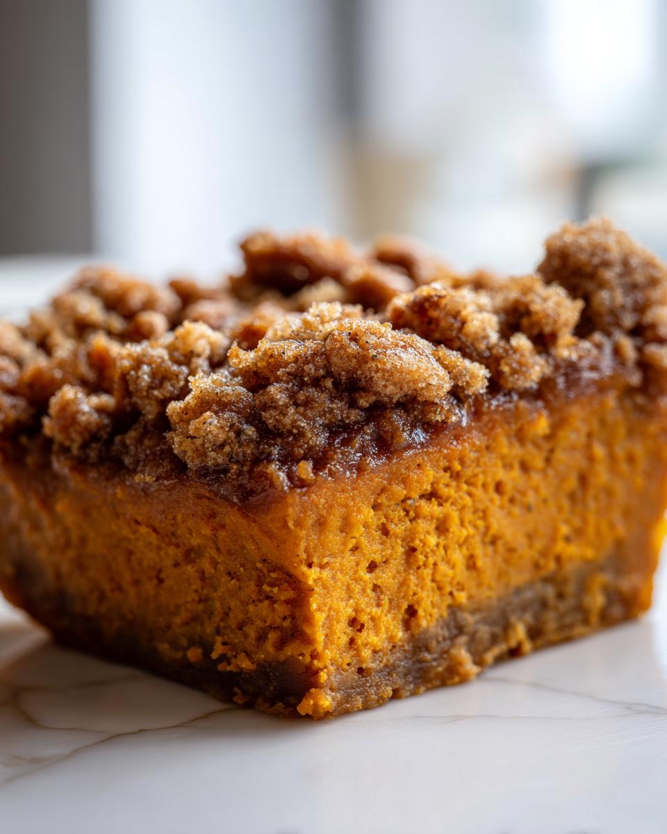 A rich, orange slice of sweet potato casserole topped with a thick, brown sugar crumble topping.