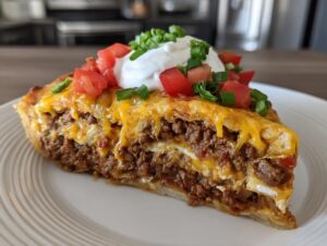 A generous slice of taco pie filled with seasoned ground beef and cheese, topped with sour cream, diced tomatoes, and green onions.