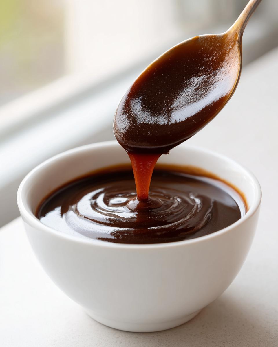 Close-up of thick, glossy teriyaki sauce being drizzled from a spoon into a white bowl.