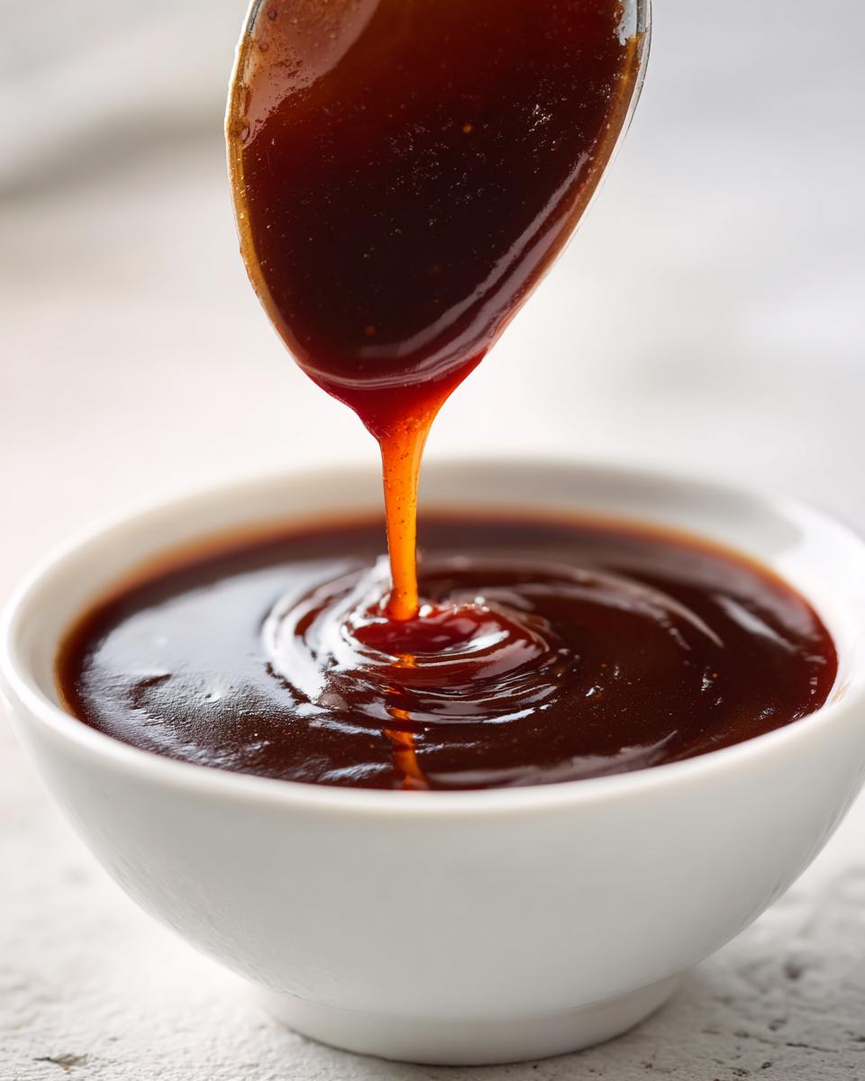 Close-up of thick, glossy teriyaki sauce dripping from a spoon into a white bowl.