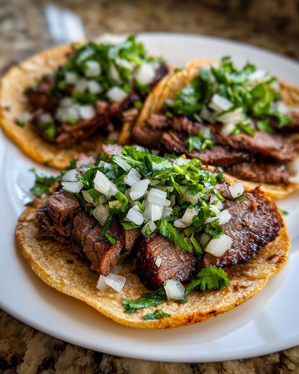 Close-up of three corn tortilla steak tacos topped generously with diced white onion and fresh cilantro.
