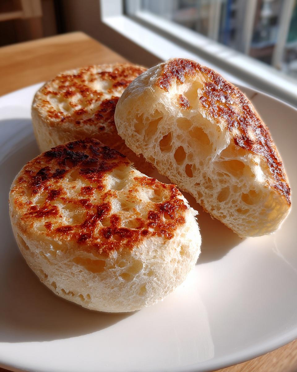 Three golden-brown, toasted homemade english muffins on a white plate, showing open crumb structure.