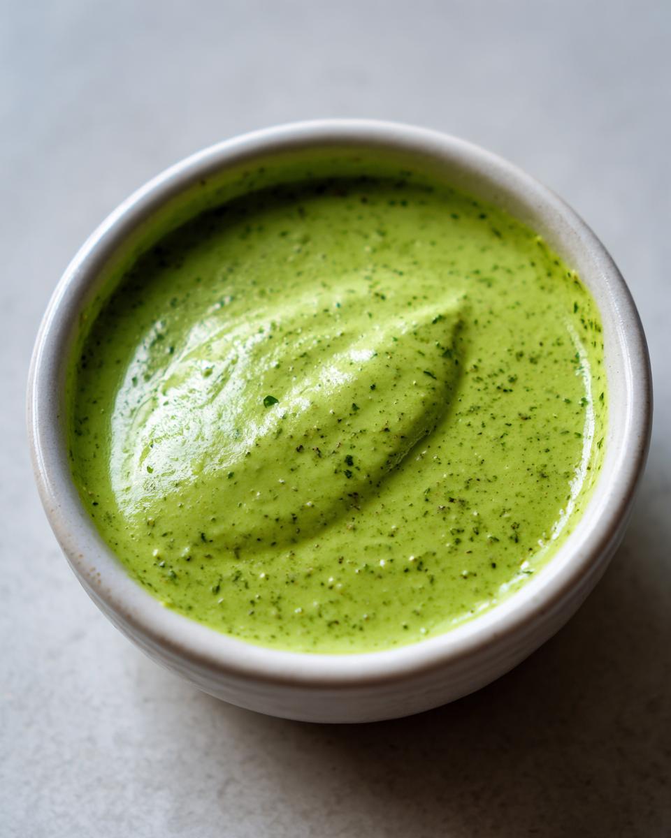 Close-up of a bright green, creamy cilantro lime sauce swirled in a small white ceramic dipping bowl.