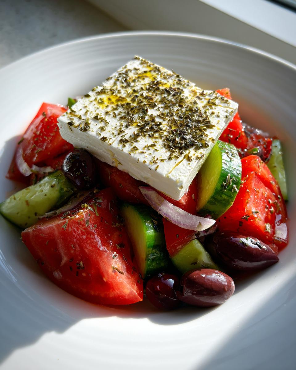 Close-up of a traditional greek salad featuring large chunks of tomato, cucumber, Kalamata olives, and a block of feta cheese seasoned with herbs.