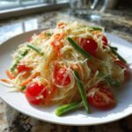 A close-up shot of fresh papaya salad featuring shredded green papaya, bright red cherry tomatoes, and green beans.
