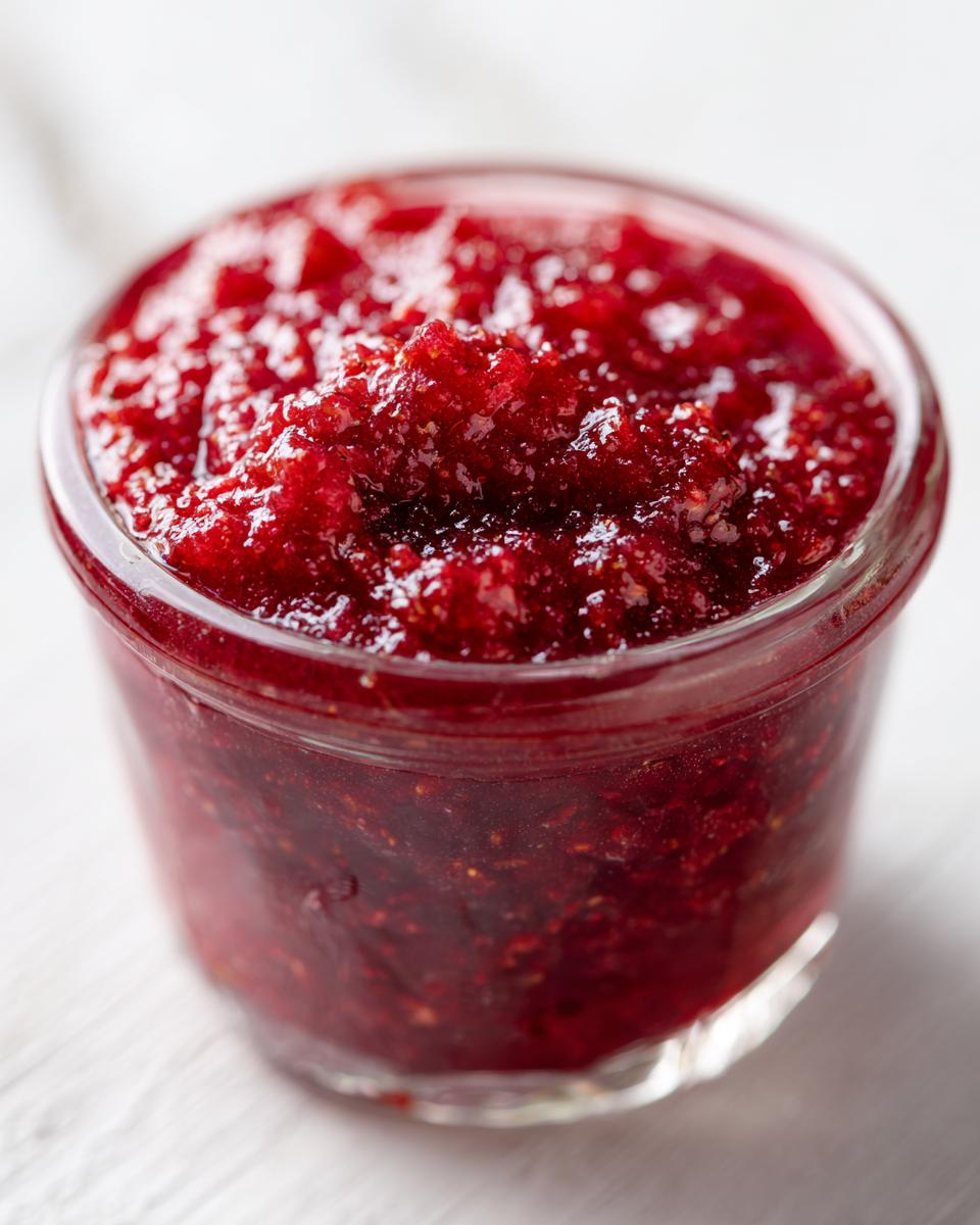 Close-up of vibrant red, slightly textured freezer jam filling a small glass jar.