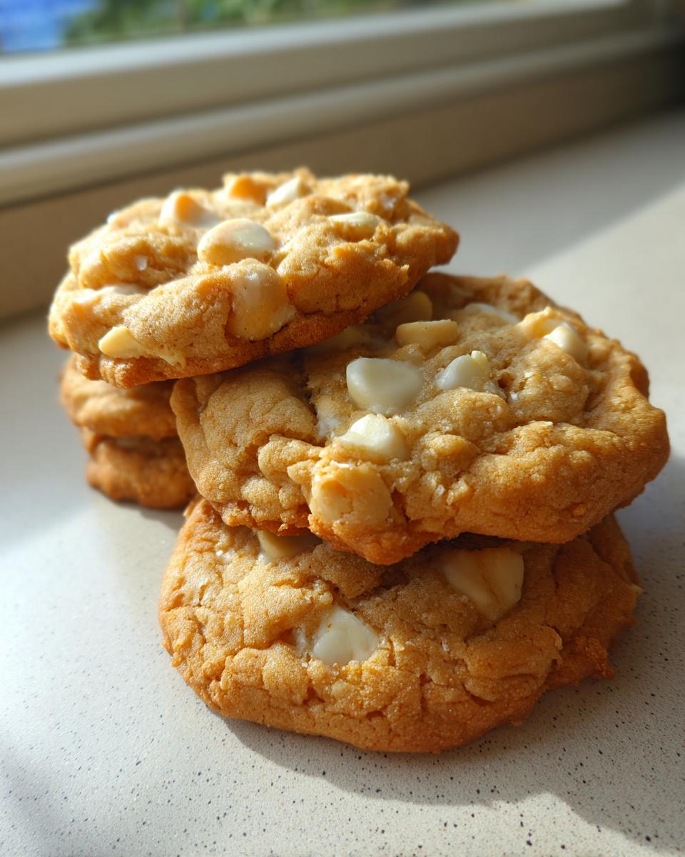 A stack of three freshly baked white chocolate macadamia nut cookies sitting on a light countertop near a window.