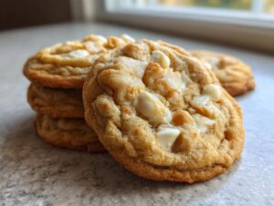 Close-up of a stack of freshly baked white chocolate macadamia nut cookies on a countertop.