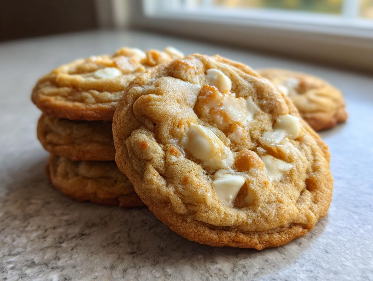 Close-up of a stack of freshly baked white chocolate macadamia nut cookies on a countertop.
