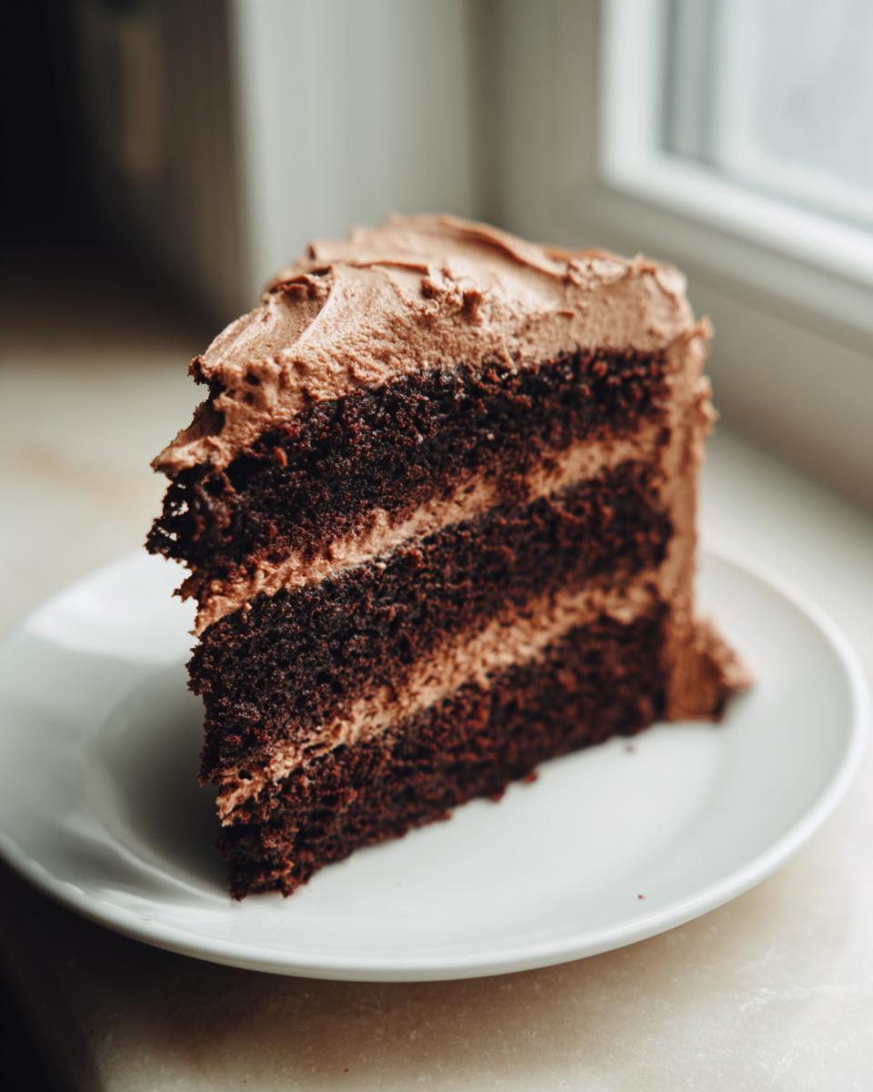 A tall, moist slice of three-layer chocolate cake with chocolate frosting, sitting on a white plate.