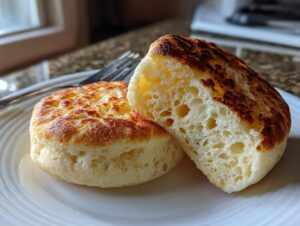 Two halves of a homemade english muffin recipe showing the classic nooks and crannies texture.