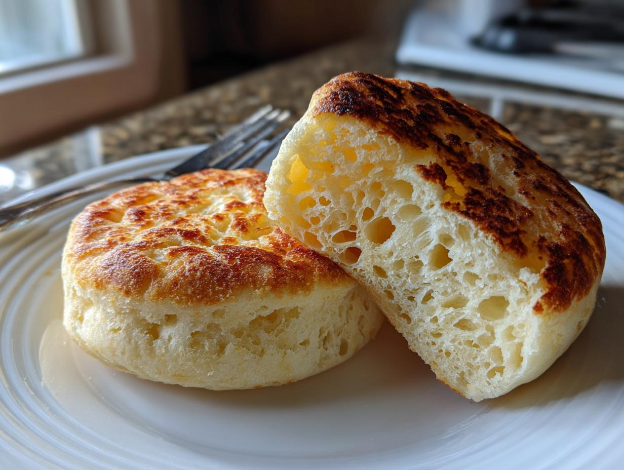 Two halves of a homemade english muffin recipe showing the classic nooks and crannies texture.