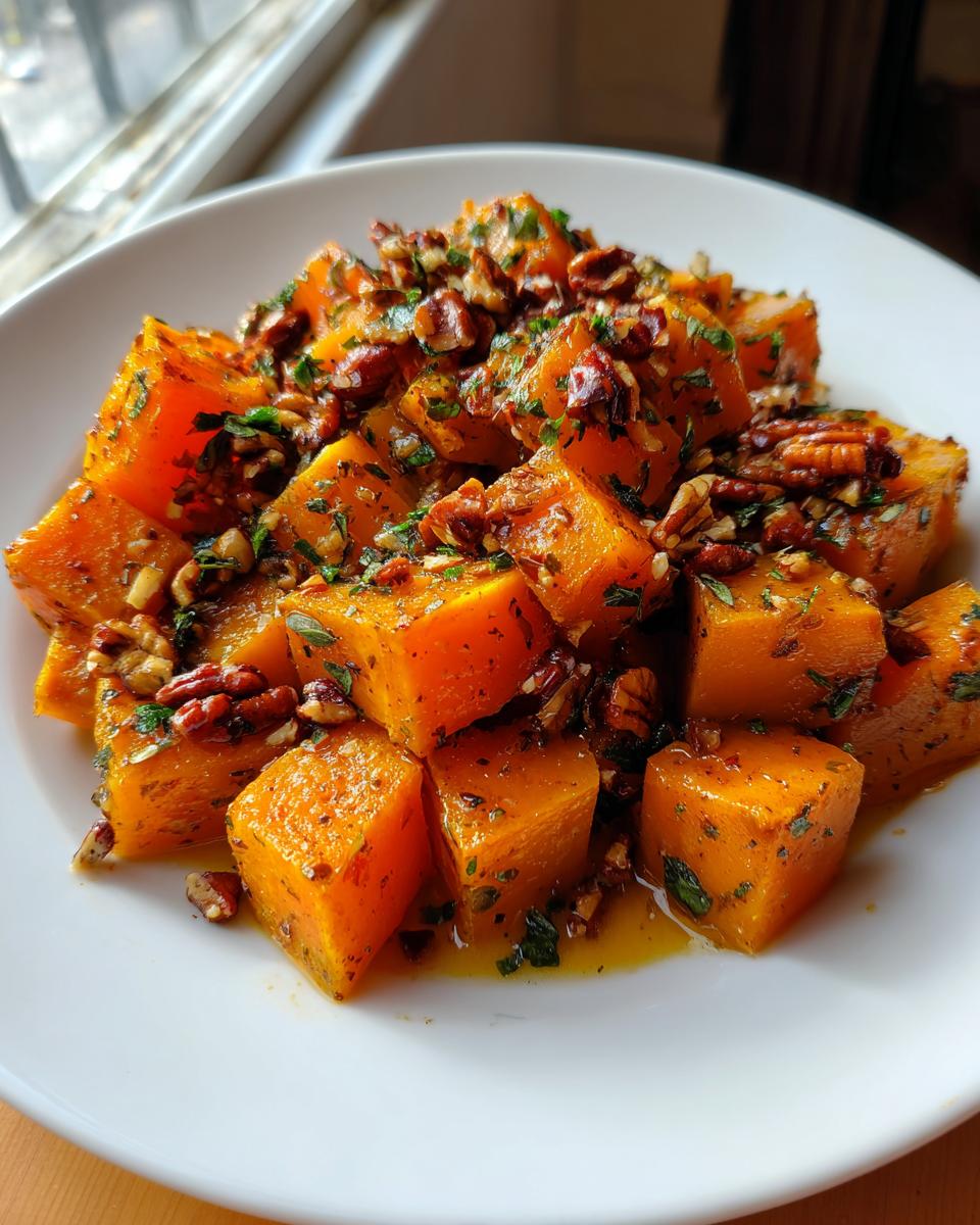 A white plate filled with vibrant orange cubes of braised butternut squash, topped with chopped pecans and fresh herbs.
